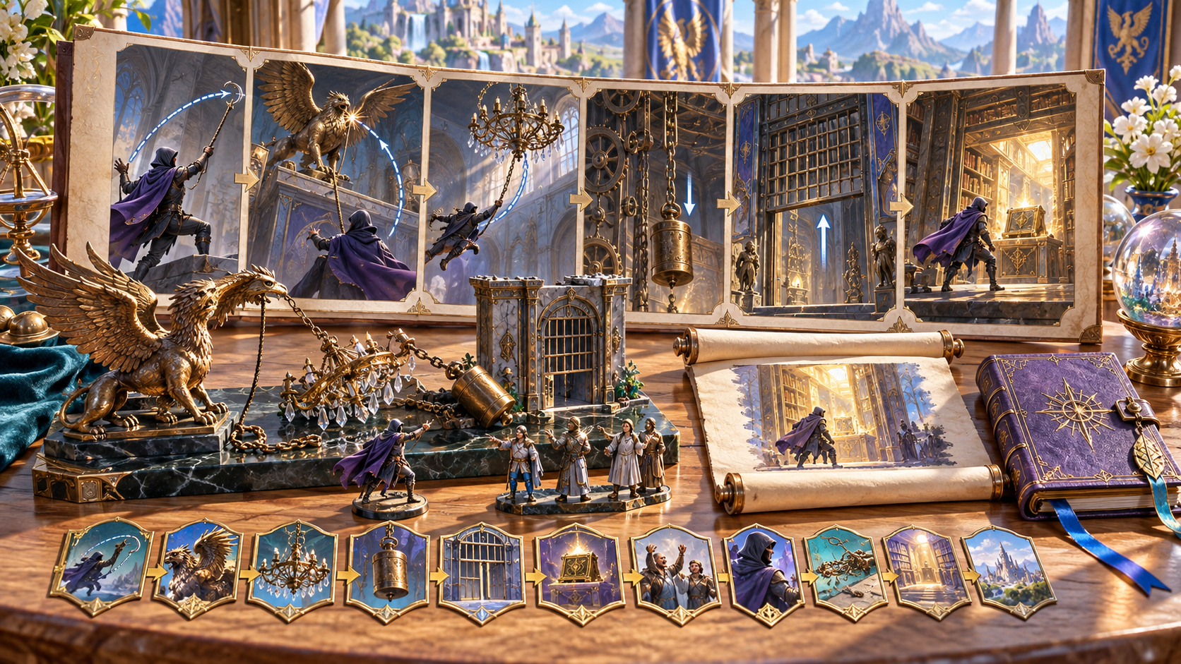 Illustration of a storyboard connecting an adventurer hook statue chandelier weight gate and bright room