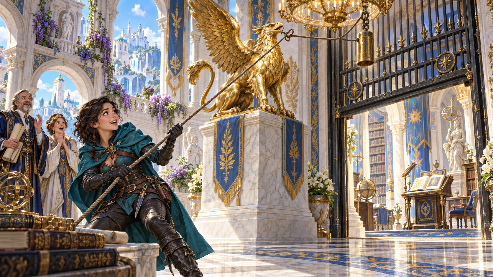 Illustration of a cloaked adventurer pulling a rope near a griffin statue hanging weight and raised gate