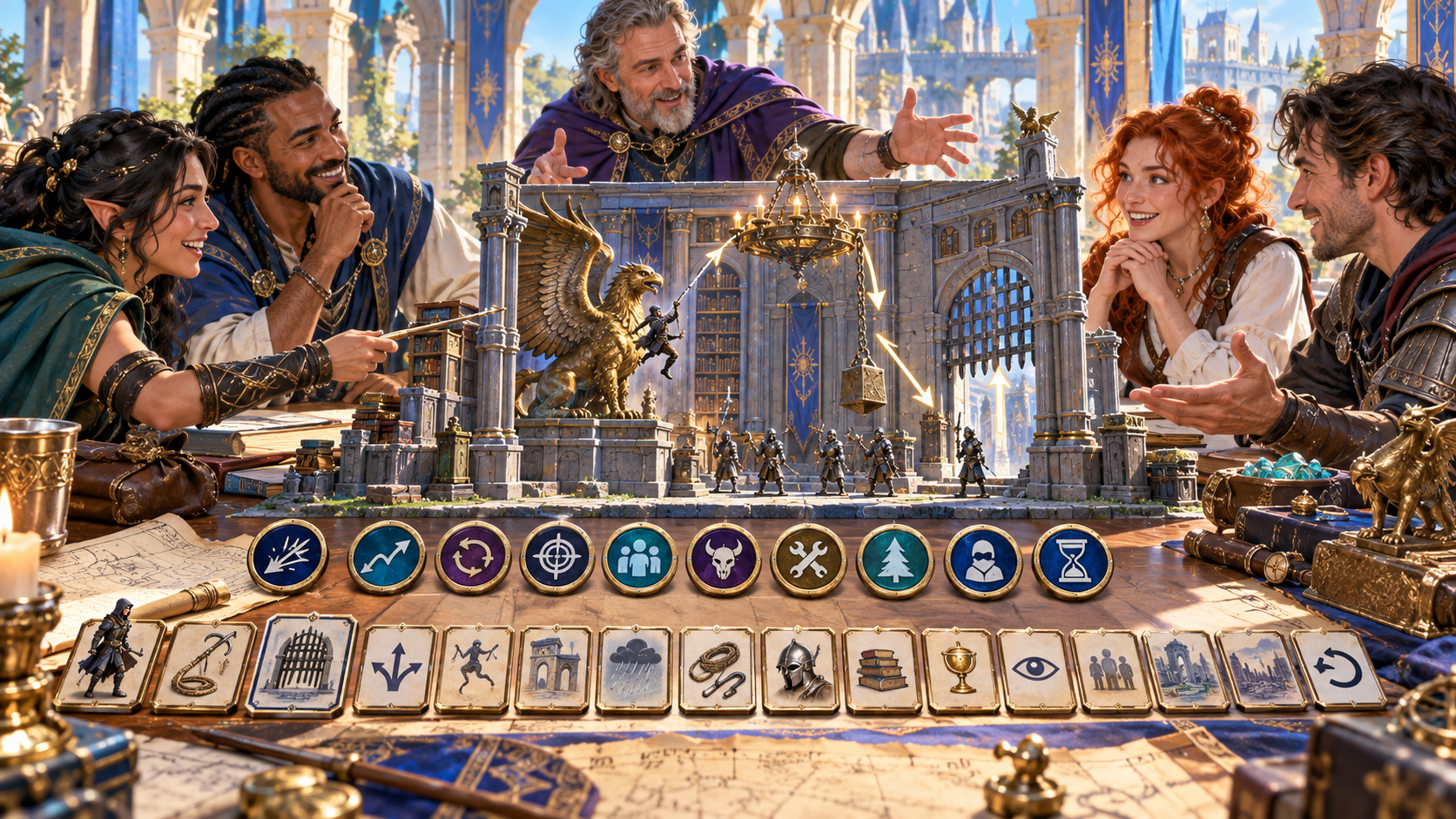 Illustration of a group around a miniature grand hall with scene cards maps and books